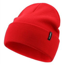 Decentron Men's Ribbed Knit Winter Hat Slouchy Cuffed Beanie Hat Stocking Watch Cap Red