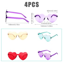 KINBOM 4pcs Heart Shaped Rimless Sunglasses, Transparent Candy Color Frameless Sunglasses for Women Girls at Pool Birthday Party