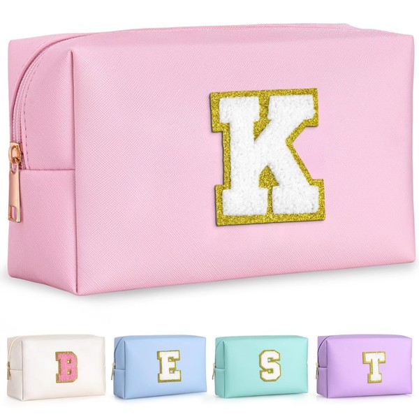 TOPEAST Initial Cosmetic Bag, PU Leather Waterproof Travel Toiletry Bag, Monogrammed Gifts for women, Personalized Birthday Gift for Sister Friends, Cute Stuff for Teen Girls (Letter K)