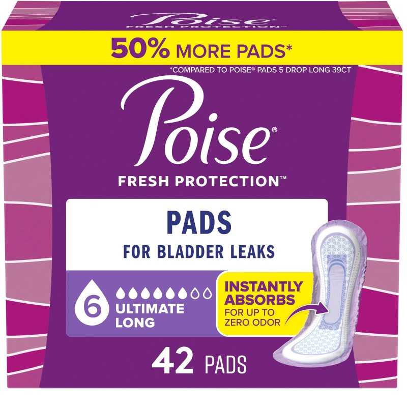 Poise Incontinence Pads for Women, 6 Drop Ultimate Absorbency, Long