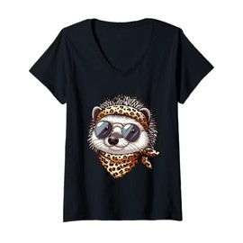 Womens Hedgehog Wearing Leopard Scarf Animal Wearing Sunglasses V-Neck T-Shirt