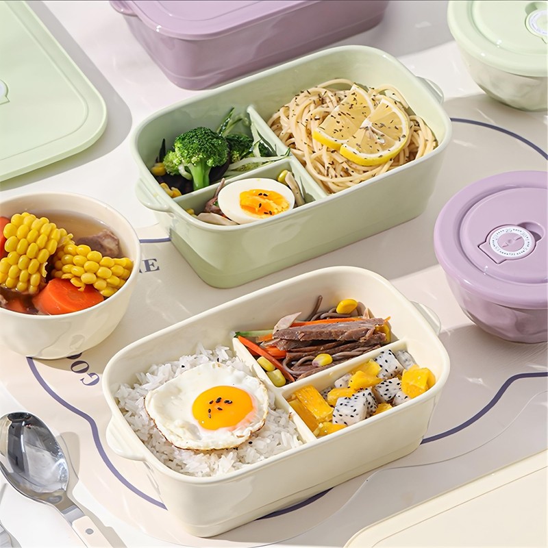 Ceramic Lunch Box with Compartment, Lunch Box with Lid, Green