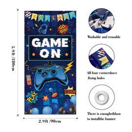 Blue Level Up Game On Door Banner,Video Game Party Decoration,Video Gaming Photo Door Backdrop Background,Video Games Handle Gamepad Theme Decor for Boys 1st Birthday Party.5.9 * 2.9FT