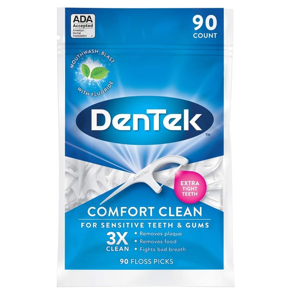 DenTek Comfort Clean Floss Picks for Sensitive Teeth, Soft and Silky Ribbon, 90 Count Each (Pack of 2)