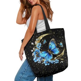 Dngkaoje Canvas-Tragetaschen für Damen, wiederverwendbare Einkaufstaschen, große schmutzige Kleidung, Reisetasche, tragbare Einkaufstasche, Blue Butterfly Moon, Einheitsgröße
