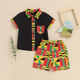 Mubineo Toddler Baby Boy Summer African Print Kente Dashiki Clothes Outfits T Shirts Shorts Sets (Black Yellow, 12-18 Months)