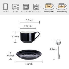 Meichu 2.5oz Stackable Espresso Cups and Saucers Set with Stainless Steel Spoons for 4, Ceramic Demitasse Cups, Durable Porcelain Coffee Cups for Hot Drinks, Tea, Gifts-Black