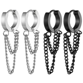 Kawailay 2 Pairs Chain Hoop Earrings Stainless Steel Chain Stud Earrings Rock Punk Chain Hanging Earrings Chain Huggie Earrings for Men Women - Silver Black, Stainless Steel
