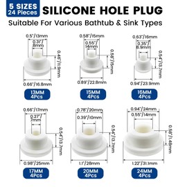 ZIUZI 24 Pcs Silicone Bathtub Jet Covers, 6 Sizes Waterproof Hole Plugs, Universal White Tube Plugs, Reusable Flexible End Caps for Bathtub Jets, Bottles, Pipes