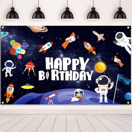 Outer Space Happy Birthday Backdrop Banner Galaxy Planet Astronaut Rocket Photography Background Space Birthday Party Decorations Supplies for Boys Kids 73 × 45 Inches