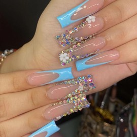 BABALAL Coffin Press on Nails Long Fake Nails Blue French Tip Glue ons Nails Flower Rhinestone Bling Design Acrylic Nails 24Pcs Ballerina False Nails