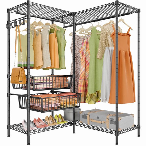 VIPEK L9 Heavy Duty Clothing Rack L Shape Garment Rack Standing Closet Rack for Hanging Clothes, Corner Clothes Rack with Adjustable Shelves Metal Wardrobe with Slide Baskets, Max Load 700LBS, Black