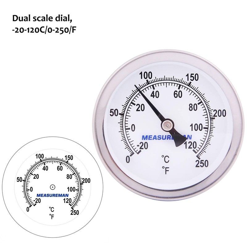 MEASUREMAN Hot Water Bi-Metal Thermometer, 2-1/2" Dial, 1-3/4" Lead-Free Brass