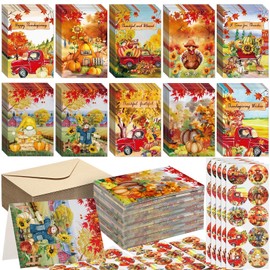 120 Pack Thanksgiving Cards Bulk Vintage Thanksgiving Greeting Cards with Envelope Stickers 10 Designs Fall Greeting Cards Truck Pumpkins Cards Harvest Cards for Fall Thanksgiving 4 x 6 Inch