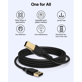 HP Printer Cable 6ft, Square USB A to USB B Cable for Printer/Scanner Epson, HP, Canon, Brother, Ethernet Print Smoothly Connect to Computer/Laptop/Pc - USB 2.0 Type B Impresora Midi Long Cord, 6 Foot