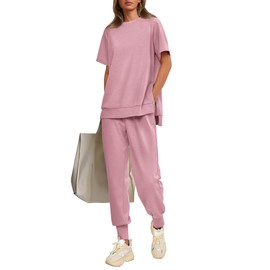 PRETTYGARDEN Women's Summer 2 Piece Outfit Tracksuits Casual Short Sleeve Tops High Waisted Sweatpants Set (Pink,X-Large)
