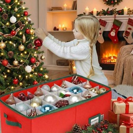 Christmas Ornament Storage Container with Dividers - Box Stores Up to 54 Ornaments, Zippered, Convenient, Adjustable, Large Organizer Bin to Protect Holiday Décor, Fits Most Standard Size, Red