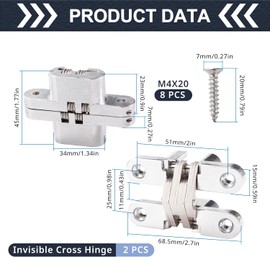 VooGenzek 2 PCS 68.5mm Invisible Cross Hinge, 180° Zinc Alloy Hidden Hinge Invisible, Folding Door Concealed Hinges, with 8 PCS Screws, for Furniture Hardware Cupboard, Silver