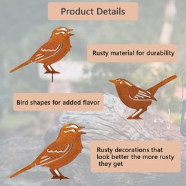 Pack of 3 Birds Garden Stake Rust, Rust Decoration for Garden, Metal Decorative Garden, Rust Bird Garden Decoration with Screw, for Garden Decoration, Trees Decoration