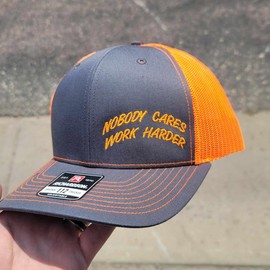 Nobody Cares Work harder Embroidered Richardson 112 Snapback hats - Color: Charcoal / Neon Orange