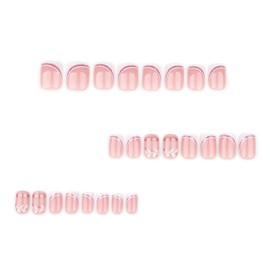 IMSOHOT Press on Nails Short Square Fake Nails with Pink Glitter Designs White French Tips False Nails Full Cover Leaf Glue on Nails Glossy Acrylic Nail Supplies