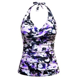 Tempt Me - Tankini para mujer, con control de barriga, solo con parte delantera, cuello en V, sin parte inferior, Púrpura (Purple Flowers), Large