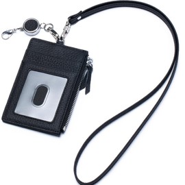 Genuine Leather ID Badge Holder with Retractable Reel Clip, Fashion Neck Lanyard Wallet with Card Slot & Zipper Pocket for Teacher Nurse Student Work Office Women Men (Black)