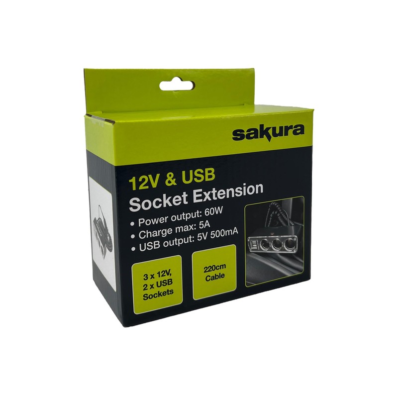 Sakura 12V 3-Socket 2 USB Socket Extension
