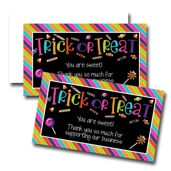 Cute Trick Or Treat Halloween Themed Thank You Customer Appreciation Package Inserts for Small Businesses, 100 2" X 3.5” Single Sided Insert Cards by AmandaCreation