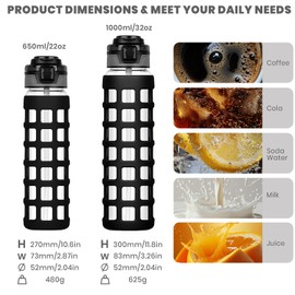 Ferexer 32oz/22oz Glass Water Bottle with Straw Handle Flip lids, leakproof, BPA free, Borosilicate Glass Bottles, with Protective Non-Slip Silicone Sleeve Sports Glass Drinking Bottles Black