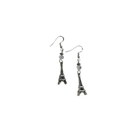 Eiffel Tower Charm Earrings with Clear Faceted Crystal Accent Beads on Sterling Silver Earwires, Paris