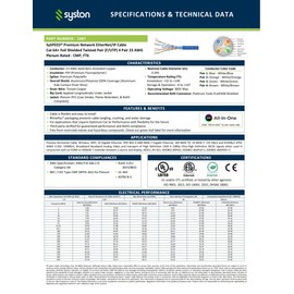Syston CAT 6A+ Ethernet Network Cable Shielded CMP/CL2P/FT6/Plenum-Rated, 23 AWG Foil Shielded Twisted Pair F/UTP 700 MHz Solid Bare Copper Wire, RoHS Compliant Bulk No Ends 20 ft to 1000 ft Available