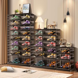 CIMLORD 3-Tier Foldable Shoe Rack for Closet Entryway 6-12Pairs,Stackable Clear Shoe Storage Boxes Organizer with Door Plastic Small Shoe Cabinet Bins with Lids Shoes Shelf Easy Assembly Black