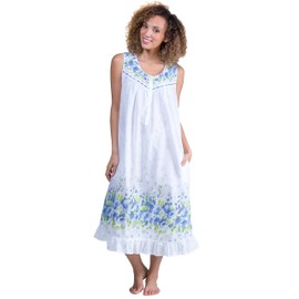 LA CERA Nightgown - Sleeveless Long Cotton Lawn Gown - Wildflower Bleu (X-Large (18-20), White/Blue)
