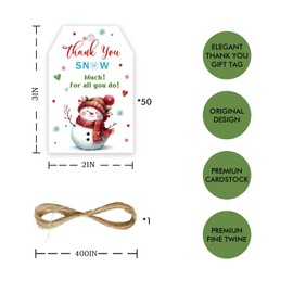50pcs Snow Much Thank You Tags, Christmas Gift Tag with String for Holiday Party, Snowman Thank You Paper Tags for Christmas Holiday/Winter Wonderland Party Favors