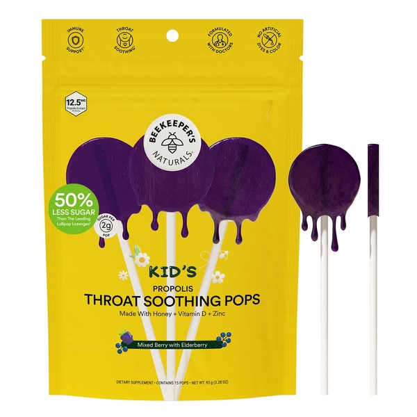 Kids Throat Soothing Lollipops,Mixed Berry&Elderberry,by Beekeeper's Naturals - Doctor Formulated