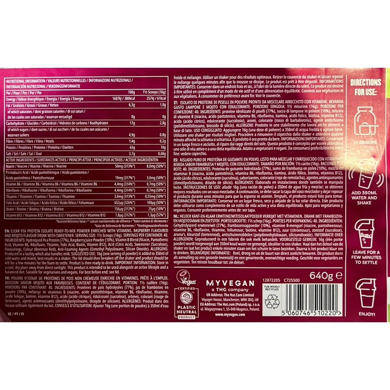 Myprotein Clean Vegan Plant Protein Powder 320g Raspberry Mojito