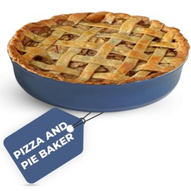 Sassafras Superstone® Stoneware Pie and Pizza Baker with Blue Glaze and Unglazed Interior 10.5” X 1.5” Interior