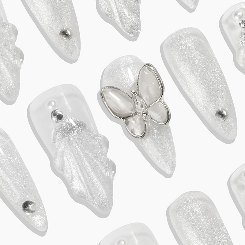 Sun&Beam Nails Handgefertigte Kunstnägel Lang Spitz silberweißes Nägel zum Aufkleben