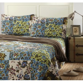 Tache Home Fashion KST1504-Queen Tache 3 Pc Hawaiian Cotton Floral Blue Mystical Autumn Leaves Reversible Bedspread Quilt Set, Queen
