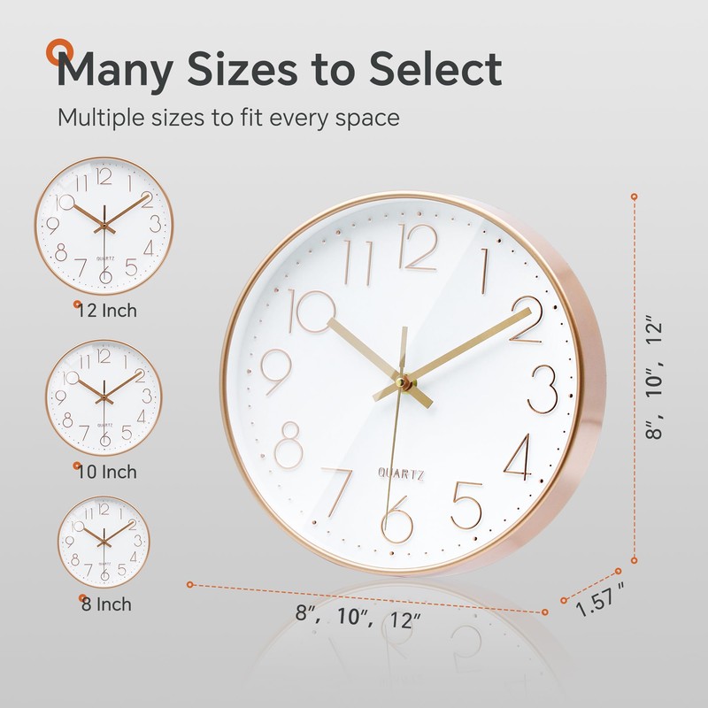 VIKMARI Rose Gold & White Silent Wall Clock Decorative for