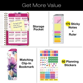 HARDCOVER Academic Year 2025-2026 Planner: (June 2025 Through July 2026) 5.5"x8" Daily Weekly Monthly Planner Yearly Agenda. Bookmark, Pocket Folder and Sticky Note Set (Rainbow Floral)