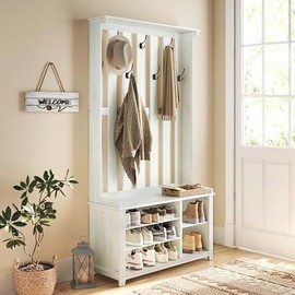 VASAGLE Hall Tree with Bench and Shoe Storage, Coat Rack with Shoe Bench, 7 Double Hooks for Jackets, Hats, Entryway, Bedroom, Living Room, 13.8 x 31.9 x 70.9 Inches, Rustic White UHSR414W01