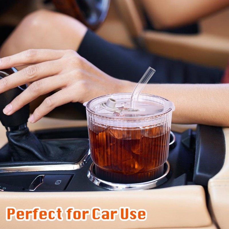 13oz/400ML Glass Tumbler with Straw and Lid Ribbed Vertical Ice