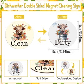 Dishwasher Magnet Clean Dirty Sign - Cosmisun Highland Cow Clean Dirty Magnetic Farm Cattle Reversible Clean Dirty Signs Double Sided Strong Dish Washer Kitchen Indicator for Home Refrigerator Decor