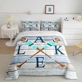 Castle Fairy Rowing Oar Comforter Set for Kids Room Decor Blue Brown Wooden Stripes Bedding Comforter Twin Size Lodge Cabin Rustic Style Soft Polyester Quilt Set with 1 Pillowcase