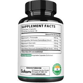 Satoomi 5in1 Magnesium L-Threonate with Mangesium Glycinate, Ashwagandha, Chelate & Lions Mane - 60 Capsules