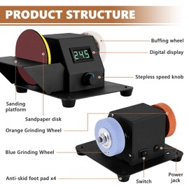 Mini Bench Grinder Polisher Machine Small Disc Sander with Sanding Platform and Polishing Wheel, Stepless Speed Control
