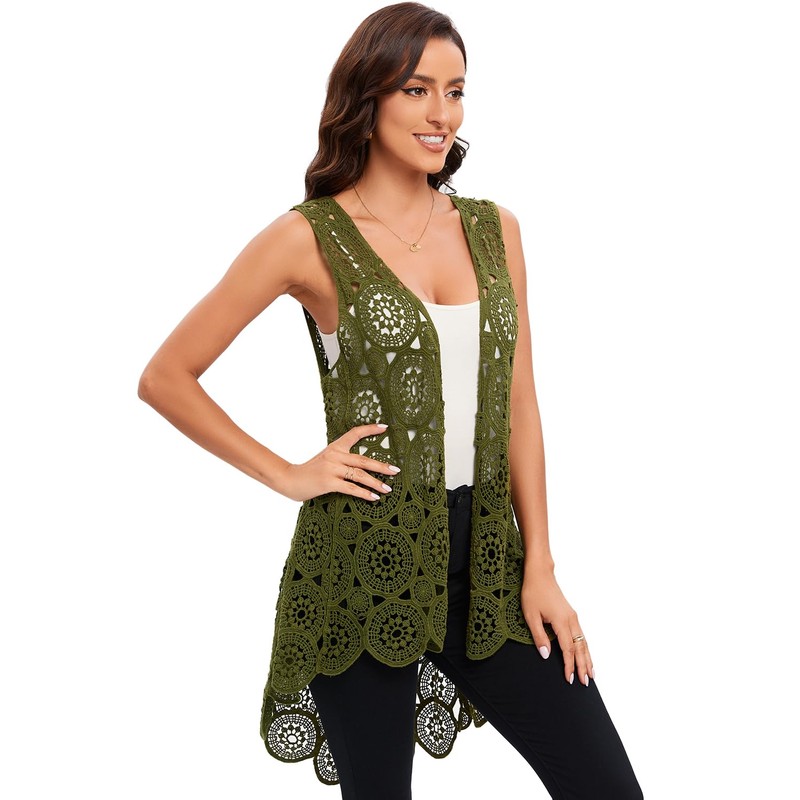 Women's Crochet Lace Vest Boho Sleeveless Kimono Irregular Hem Cardigan