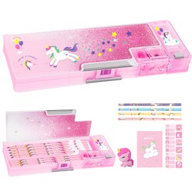 TCJJ Unicorn Pencil Case, White, pink, Unicorn Flowing Sand